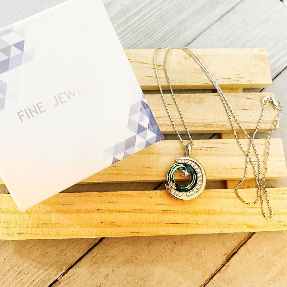 Moon & Star Blue Green Austrian Crystal Necklace